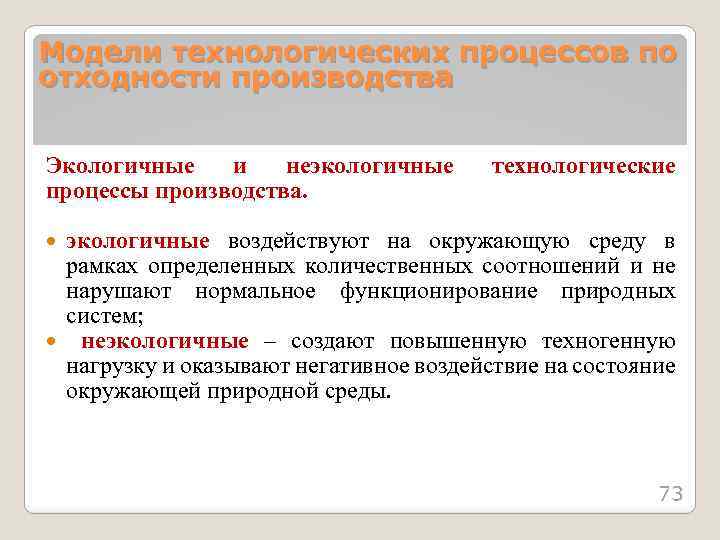 Модели технологических процессов по отходности производства Экологичные и неэкологичные процессы производства. технологические экологичные воздействуют