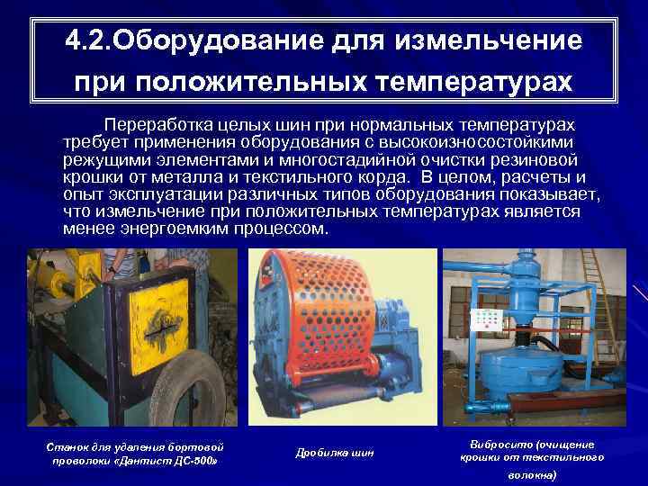 4. 2. Оборудование для измельчение при положительных температурах Переработка целых шин при нормальных температурах