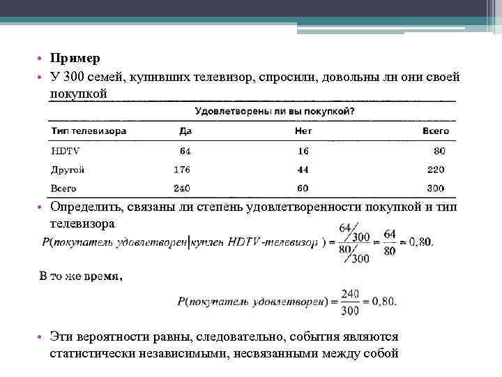  • Пример • У 300 семей, купивших телевизор, спросили, довольны ли они своей