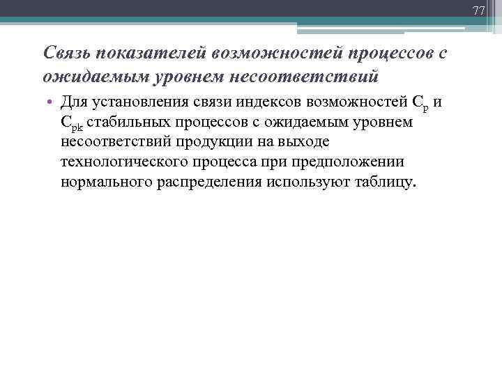 77 Связь показателей возможностей процессов с ожидаемым уровнем несоответствий • Для установления связи индексов