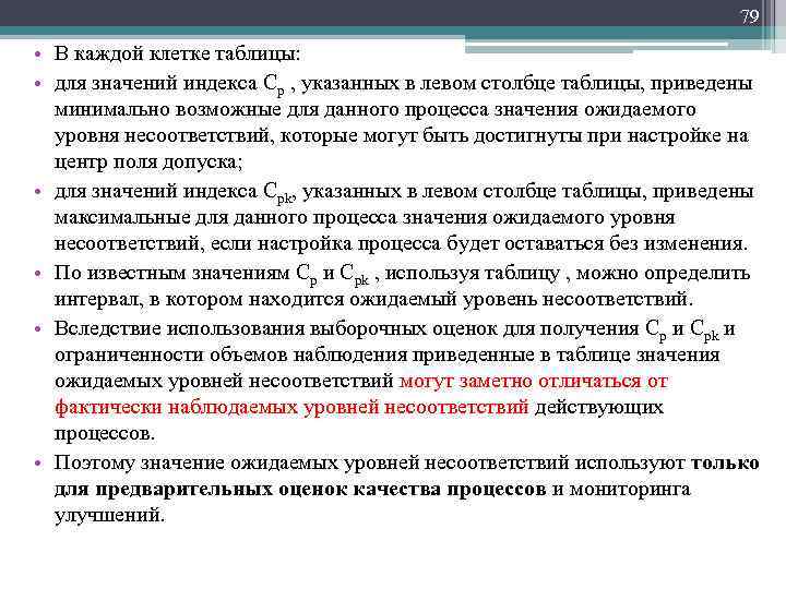 79 • В каждой клетке таблицы: • для значений индекса Cp , указанных в