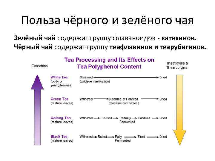 Польза чёрного и зелёного чая Зелёный чай содержит группу флаваноидов - катехинов. Чёрный чай