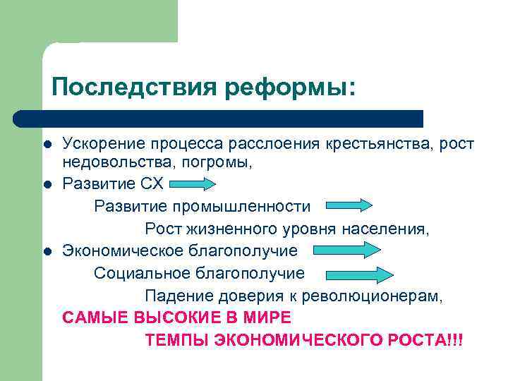 Последствия реформы: Ускорение процесса расслоения крестьянства, рост недовольства, погромы, Развитие СХ Развитие промышленности Рост