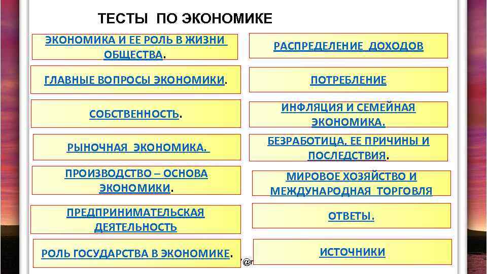 ТЕСТЫ ПО ЭКОНОМИКЕ ЭКОНОМИКА И ЕЕ РОЛЬ В ЖИЗНИ ОБЩЕСТВА. РАСПРЕДЕЛЕНИЕ ДОХОДОВ ГЛАВНЫЕ ВОПРОСЫ