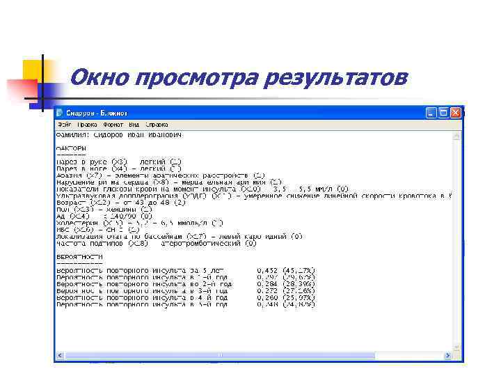 Окно просмотра результатов 