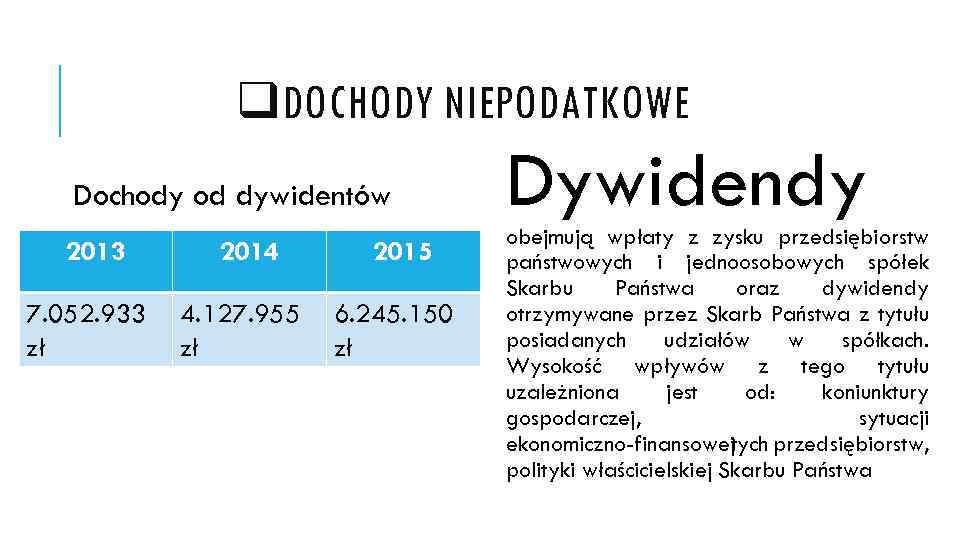 q. DOCHODY NIEPODATKOWE Dochody od dywidentów 2013 7. 052. 933 zł 2014 4. 127.