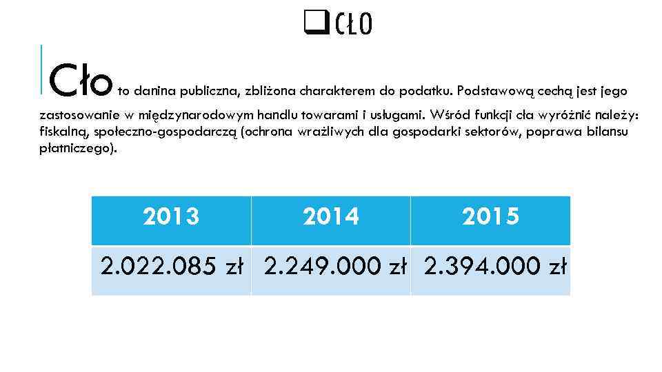 q. CŁO Cło to danina publiczna, zbliżona charakterem do podatku. Podstawową cechą jest jego