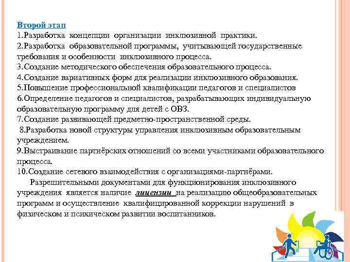 Второй этап 1. Разработка концепции организации инклюзивной практики. 2. Разработка образовательной программы, учитывающей государственные