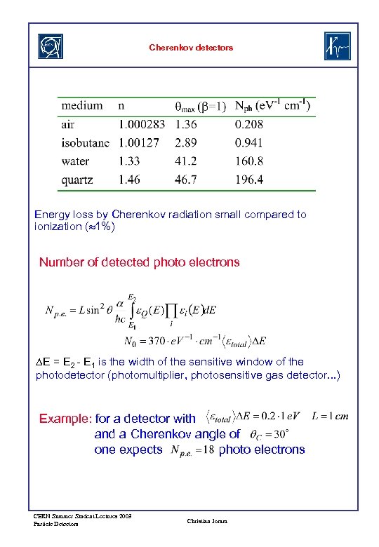 Cherenkov detectors Energy loss by Cherenkov radiation small compared to ionization ( 1%) Number