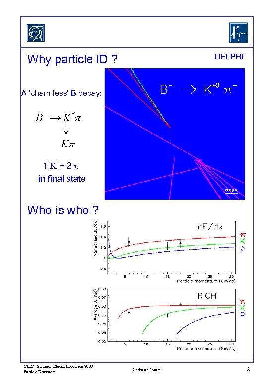 DELPHI Why particle ID ? A ‘charmless’ B decay: 1 K+2 p in final