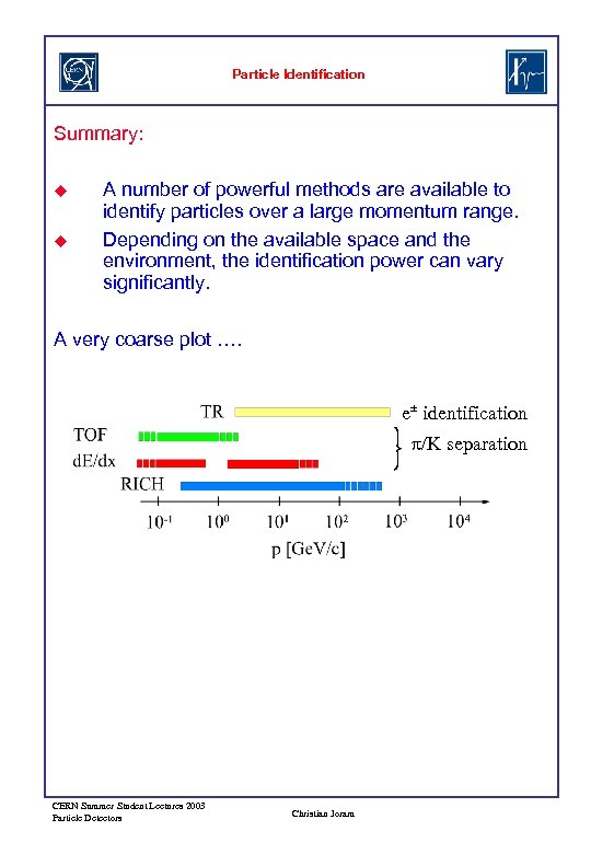 Particle Identification Summary: u u A number of powerful methods are available to identify