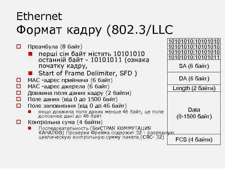 Ethernet Формат кадру (802. 3/LLC o o o Преамбула (8 байт) n перші сім