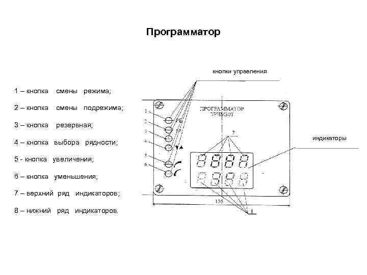 Программатор кнопки управления 1 – кнопка смены режима; 2 – кнопка смены подрежима; 3