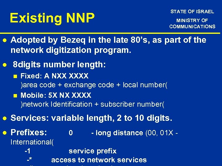 Existing NNP l l STATE OF ISRAEL MINISTRY OF COMMUNICATIONS Adopted by Bezeq in