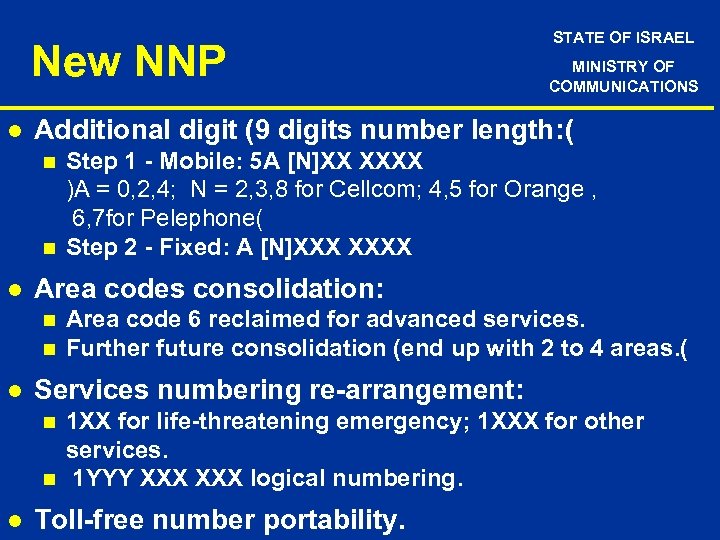 New NNP l n n Area code 6 reclaimed for advanced services. Further future