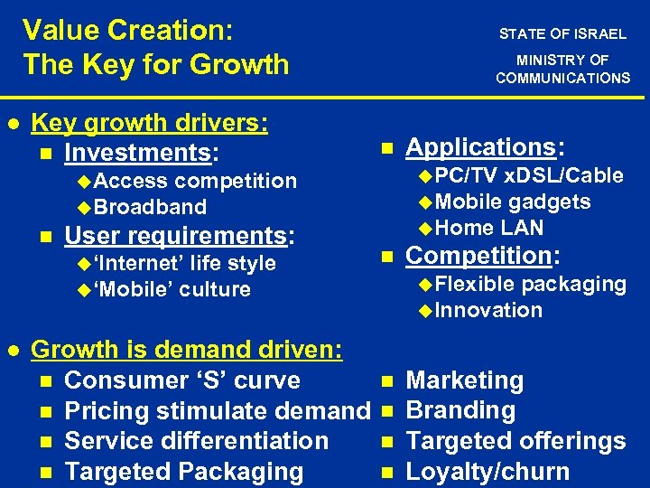 Value Creation: The Key for Growth l Key growth drivers: n Investments: STATE OF