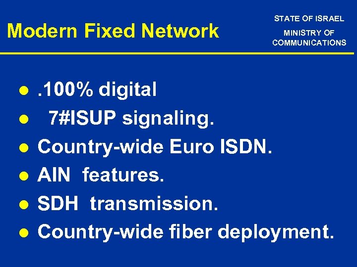 Modern Fixed Network l l l STATE OF ISRAEL MINISTRY OF COMMUNICATIONS . 100%