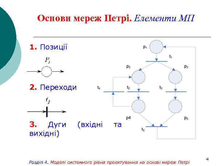 Основи мереж Петрі. Елементи МП 1. Позиції 2. Переходи 3. Дуги вихідні) (вхідні та