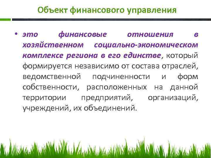 Объект финансового управления • это финансовые отношения в хозяйственном социально-экономическом комплексе региона в его