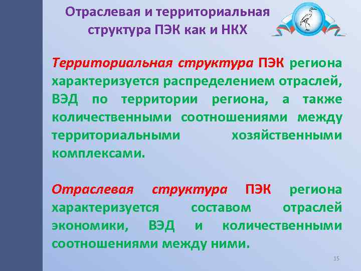 Отраслевая и территориальная структура ПЭК как и НКХ Территориальная структура ПЭК региона характеризуется распределением