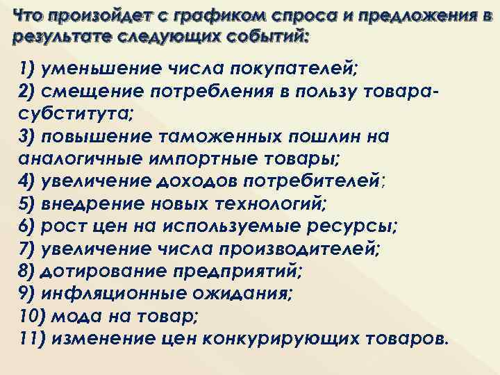 Что произойдет с графиком спроса и предложения в результате следующих событий: 1) уменьшение числа