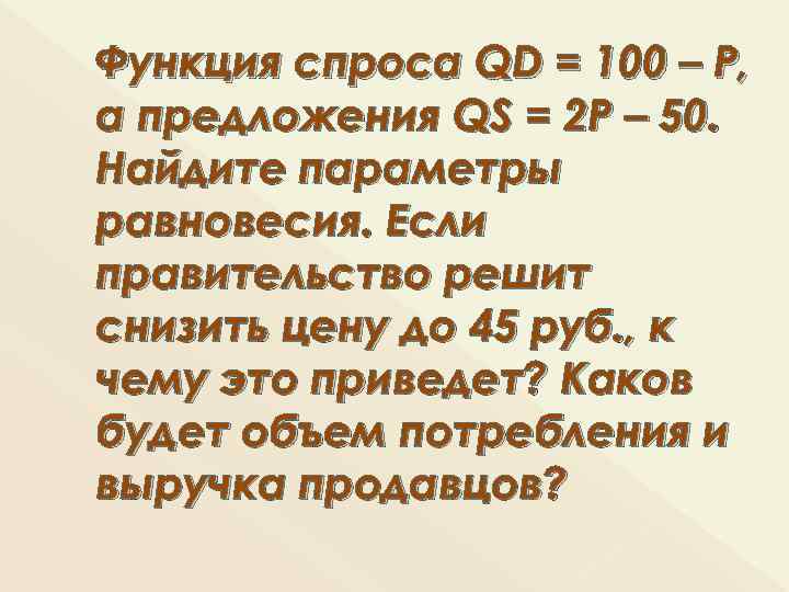 Функция спроса QD = 100 – P, а предложения QS = 2 P –