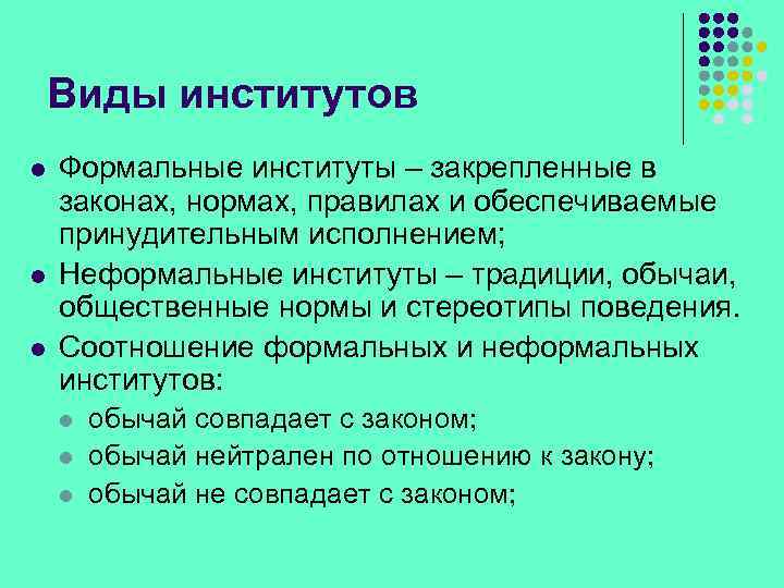 Виды институтов l l l Формальные институты – закрепленные в законах, нормах, правилах и