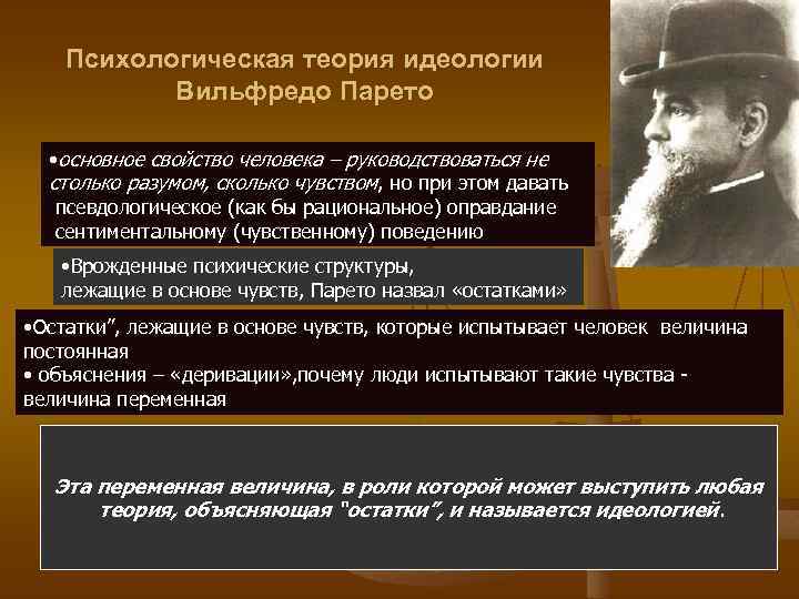 Психологическая теория идеологии Вильфредо Парето • основное свойство человека – руководствоваться не столько разумом,