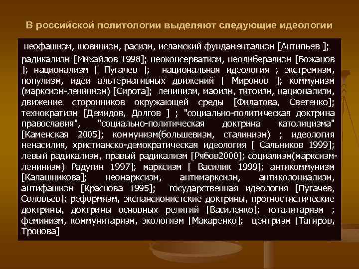 В российской политологии выделяют следующие идеологии неофашизм, шовинизм, расизм, исламский фундаментализм [Антипьев ]; радикализм