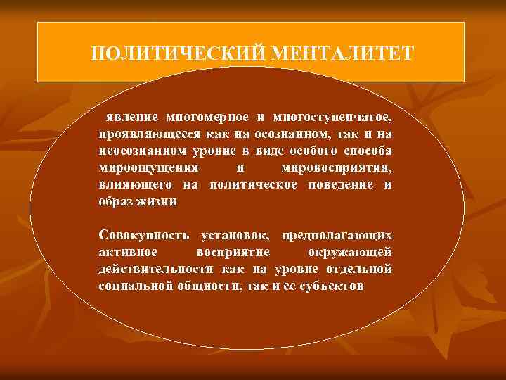  ПОЛИТИЧЕСКИЙ МЕНТАЛИТЕТ явление многомерное и многоступенчатое, проявляющееся как на осознанном, так и на