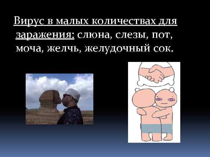  Вирус в малых количествах для заражения: слюна, слезы, пот, моча, желчь, желудочный сок.