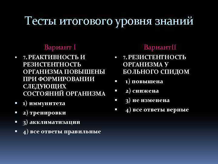 Тесты итогового уровня знаний Вариант I 7. РЕАКТИВНОСТЬ И РЕЗИСТЕНТНОСТЬ ОРГАНИЗМА ПОВЫШЕНЫ ПРИ ФОРМИРОВАНИИ