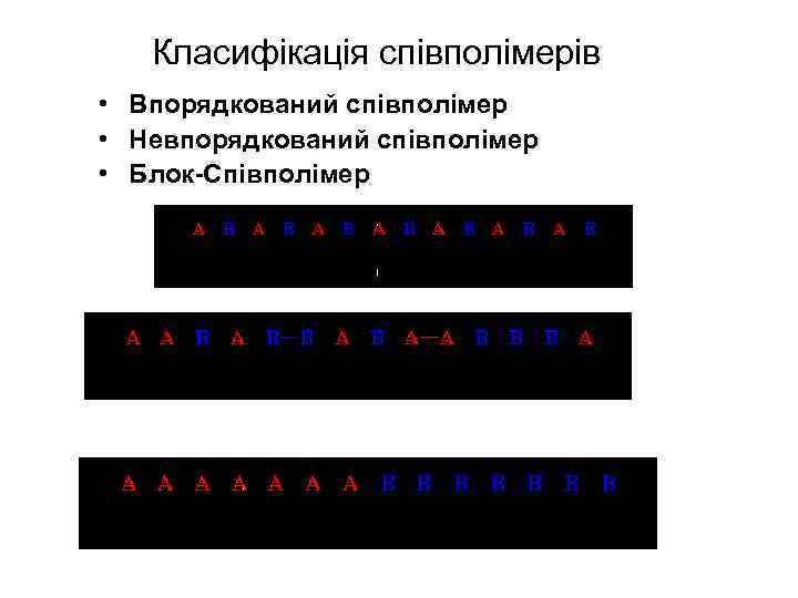 Класифікація співполімерів • Впорядкований співполімер • Невпорядкований співполімер • Блок-Співполімер 