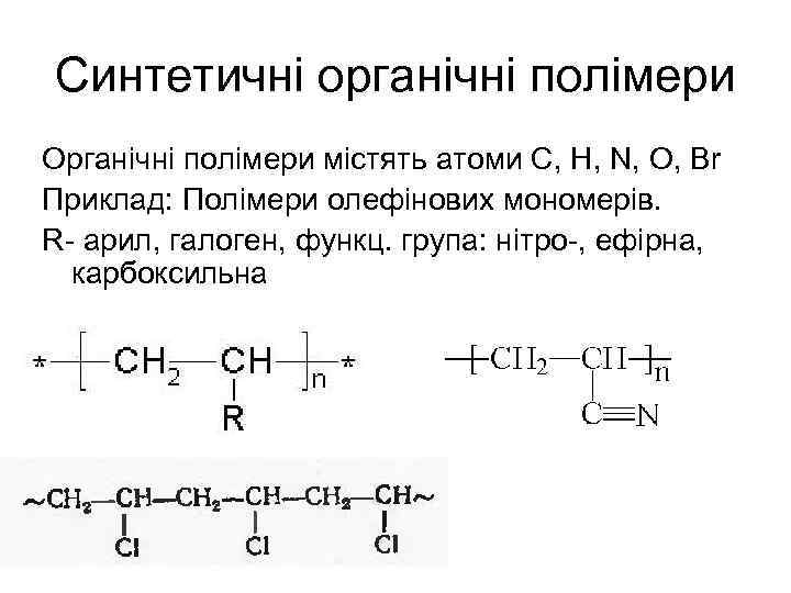Синтетичні органічні полімери Органічні полімери містять атоми С, H, N, O, Br Приклад: Полімери