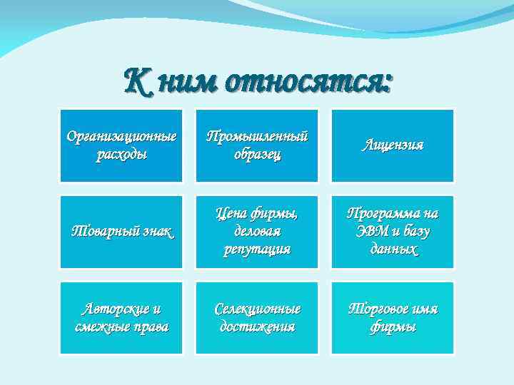 К ним относятся: Организационные расходы Промышленный образец Лицензия Товарный знак Цена фирмы, деловая репутация