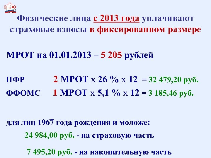 Физические лица с 2013 года уплачивают страховые взносы в фиксированном размере МРОТ на 01.
