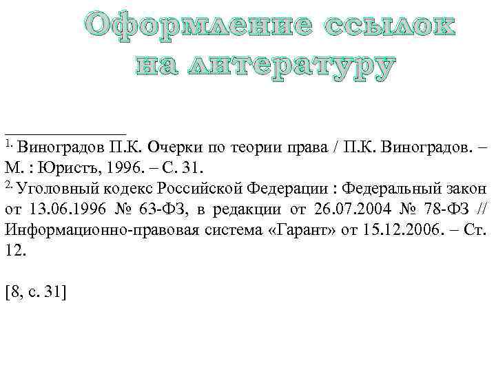 Оформление ссылок на литературу _______ 1. Виноградов П. К. Очерки по теории права /