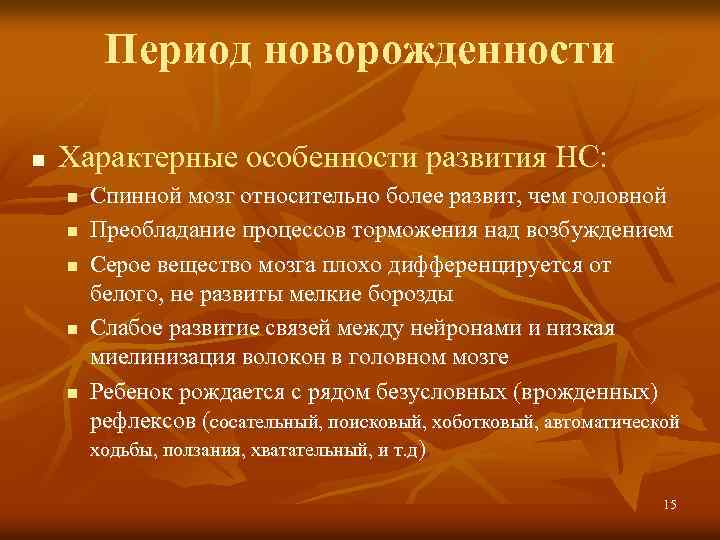 Период новорожденности n Характерные особенности развития НС: n n n Спинной мозг относительно более