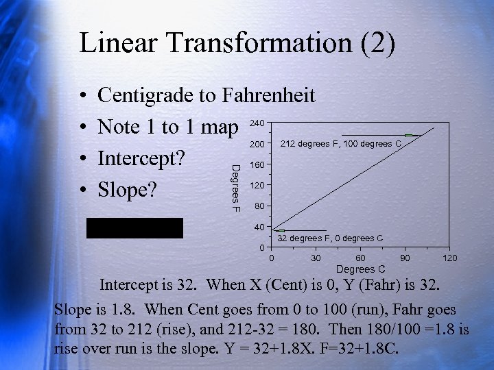 Linear Transformation (2) Centigrade to Fahrenheit Note 1 to 1 map 240 212 degrees