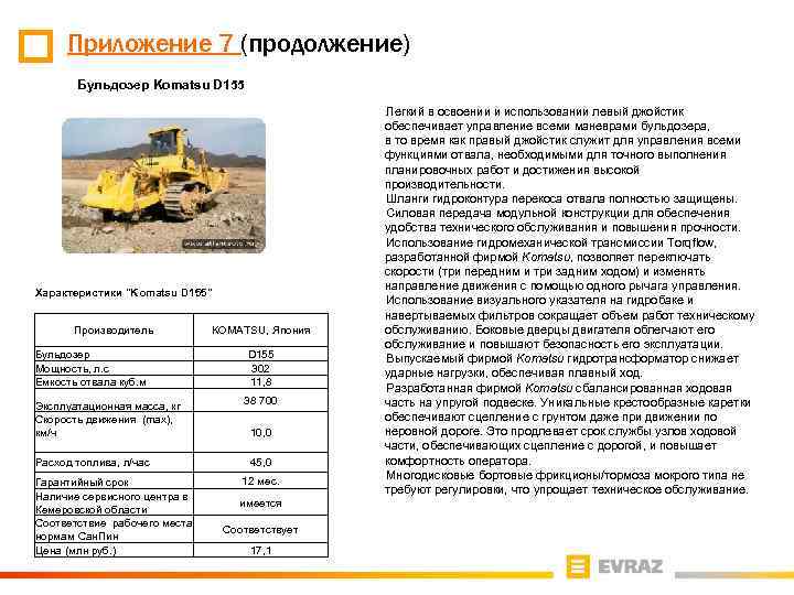 Приложение 7 (продолжение) Бульдозер Komatsu D 155 Характеристики "Komatsu D 155" Производитель Бульдозер Мощность,