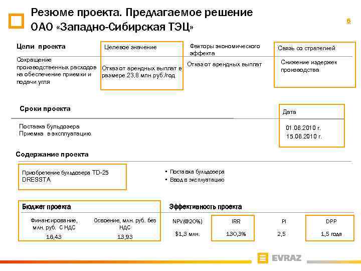 Резюме проекта. Предлагаемое решение ОАО «Западно-Сибирская ТЭЦ» Цели проекта Целевое значение Факторы экономического эффекта