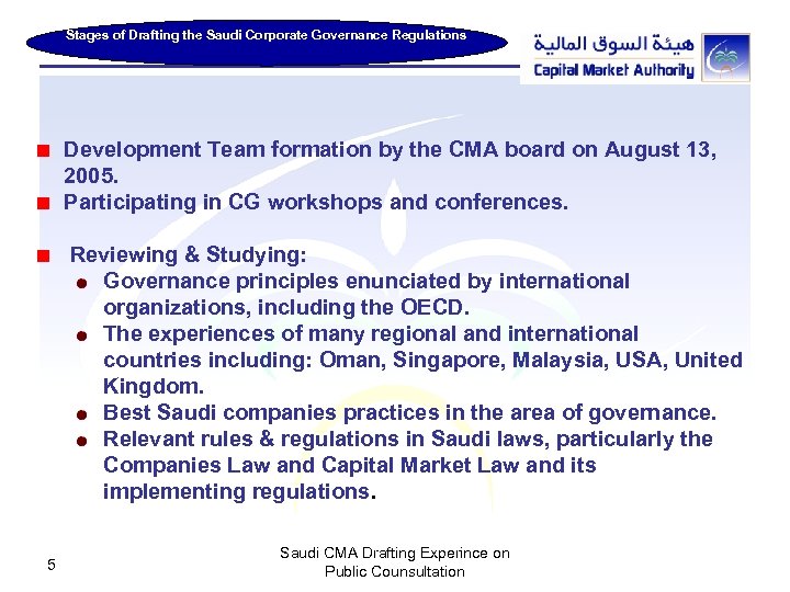 Stages of Drafting the Saudi Corporate Governance Regulations Development Team formation by the CMA