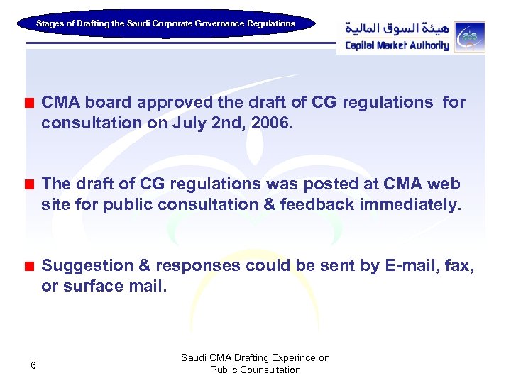 Stages of Drafting the Saudi Corporate Governance Regulations CMA board approved the draft of