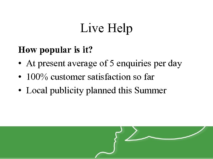 Live Help How popular is it? • At present average of 5 enquiries per
