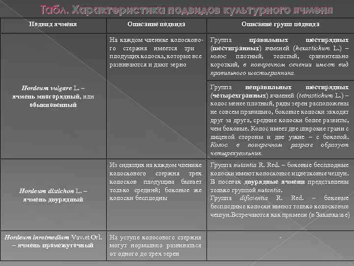 Табл. Характеристика подвидов культурного ячменя Подвид ячменя Описание подвида Описание групп подвида На каждом