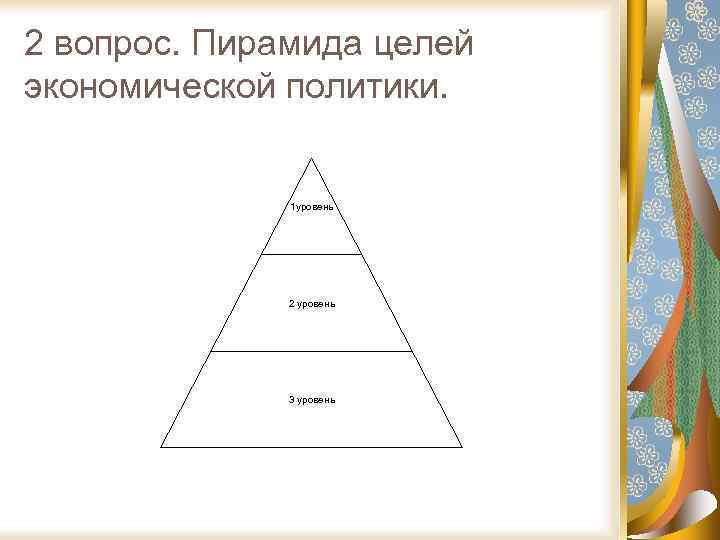 2 вопрос. Пирамида целей экономической политики. 1 уровень 2 уровень 3 уровень 