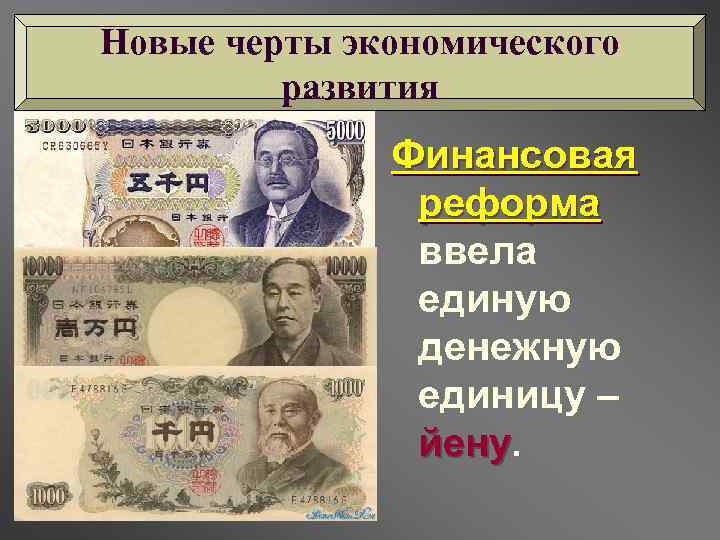 Новые черты экономического развития Финансовая реформа ввела единую денежную единицу – йену 