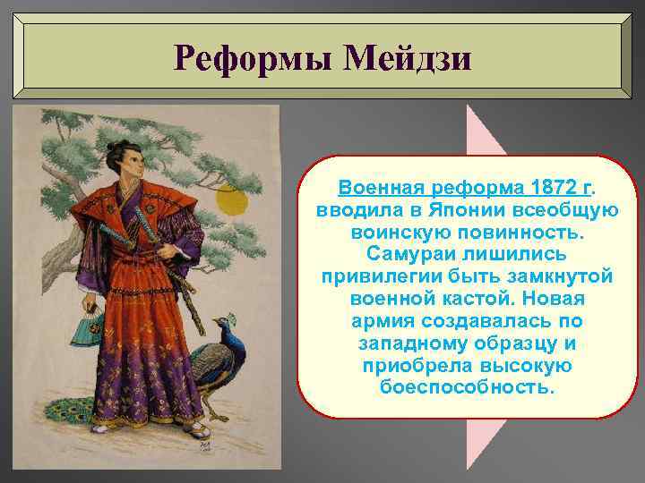 Реформы Мейдзи Военная реформа 1872 г. вводила в Японии всеобщую воинскую повинность. Самураи лишились