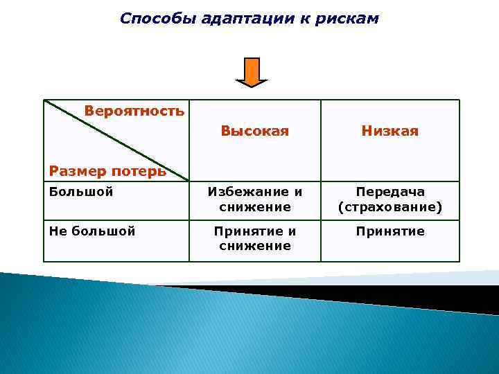 Способы адаптации к рискам Вероятность Высокая Низкая Избежание и снижение Передача (страхование) Принятие и