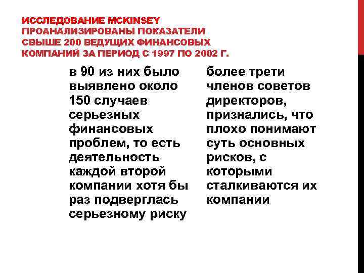 ИССЛЕДОВАНИЕ MCKINSEY ПРОАНАЛИЗИРОВАНЫ ПОКАЗАТЕЛИ СВЫШЕ 200 ВЕДУЩИХ ФИНАНСОВЫХ КОМПАНИЙ ЗА ПЕРИОД С 1997 ПО